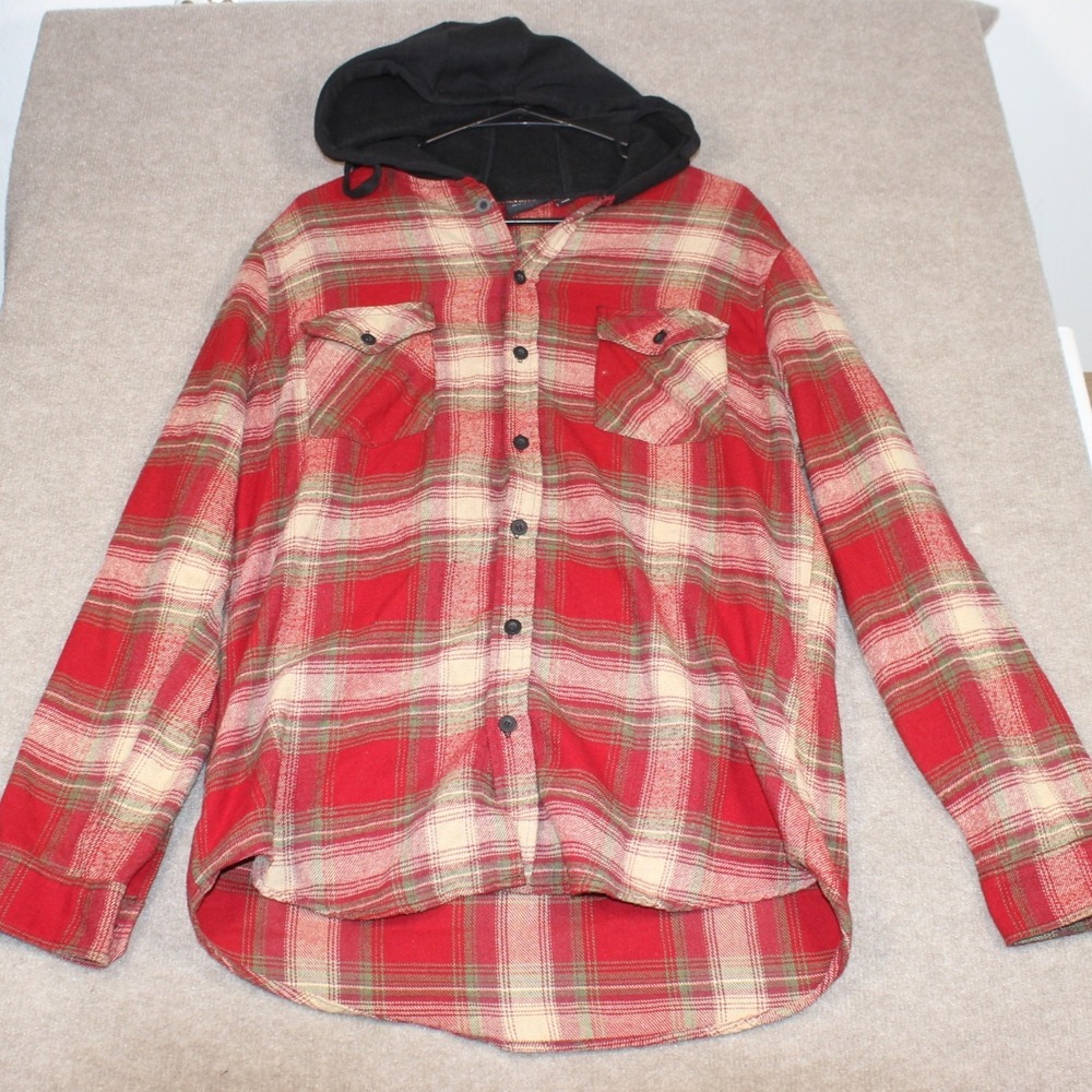REVESS Mens Hooded Flannel Shirt Red Plaid Long Sleeve Button Up Large